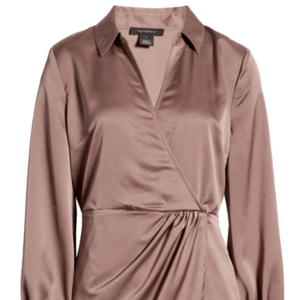 HALOGEN Women's Twist Front Long Sleeve Shirt Dress Size L - Brown Taupe NWOT